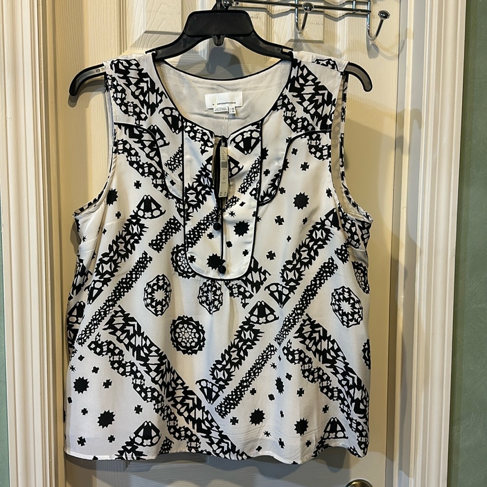 NWT Anthropologie petite black/cream sleeveless silk top, fully lined, Size 16P